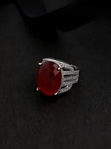 Voylla Silver-Plated Red & White Gemstone & CZ-Studded Handcrafted Finger Ring