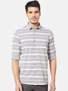 J Hampstead Men Grey & White Slim Fit Striped Casual Shirt