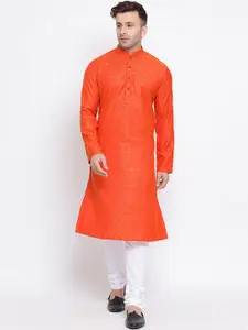 NAMASKAR Men Orange & White Woven Design Kurta with Pyjamas
