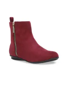 Bruno Manetti Women Red Solid Suede High-Top Flat Boots