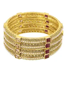 Adwitiya Collection Set Of 4 24CT Gold-Plated White & Red Stone-Studded Pearl Embellished Handcrafted Bangles