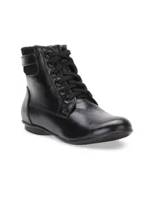 Bruno Manetti Women Black Textured Synthetic Leather High-Top Flat Boots