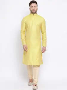 NAMASKAR Men Yellow & Gold-Toned Woven Design Kurta with Churidar