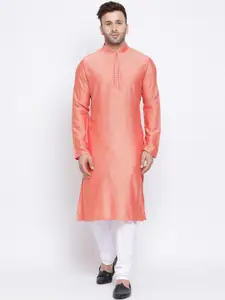NAMASKAR Men Orange & White Self Design Jacquard Kurta with Churidar