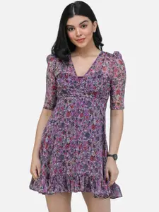 SCORPIUS Women Purple Printed Fit and Flare Dress
