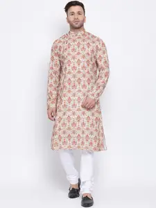 NAMASKAR Men Beige & White Cotton Linen Printed Kurta with Churidar