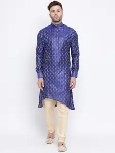 NAMASKAR Men Blue & Gold-Coloured Silk Self Design Kurta with Churidar