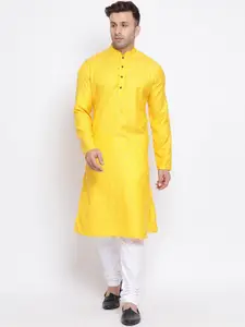 NAMASKAR Men Yellow & White Printed Kurta with Churidar