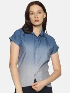 Campus Sutra Women Blue & Grey Regular Fit Colourblocked Casual Shirt