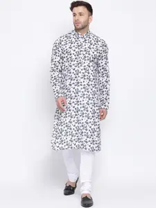 NAMASKAR Men White & Black Floral Printed Kurta with Pyjamas