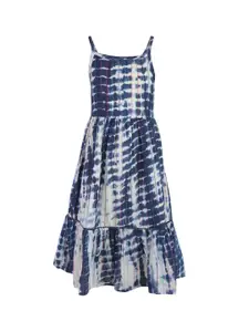 A Little Fable Girls Navy Blue & Off-White Tie & Dye Fit and Flare Dress