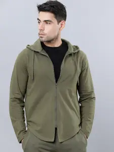 HIGHLANDER Men Olive Green Solid Hooded Sweatshirt