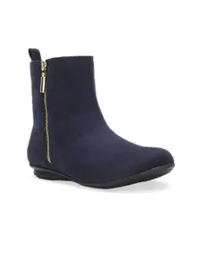 Bruno Manetti Women Navy Blue Solid Suede High-Top Flat Boots
