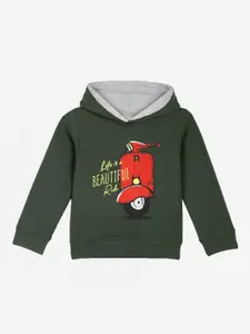 Naughty Ninos Boys Olive Green Printed Hooded Sweatshirt