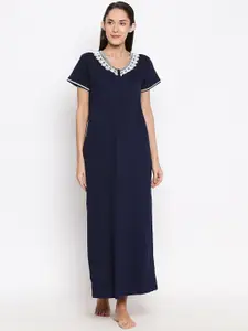 XIN Women Navy Blue & White Solid Nightdress
