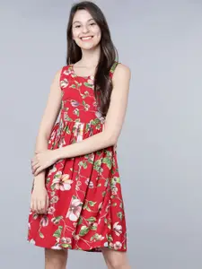 Tokyo Talkies Women Red Printed Fit and Flare Dress