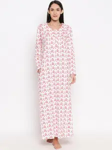 XIN Women White & Pink Floral-Print Nightdress