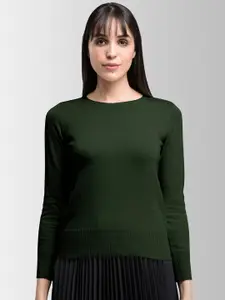 FableStreet Women Olive Green Solid Acrylic Pullover Sweater