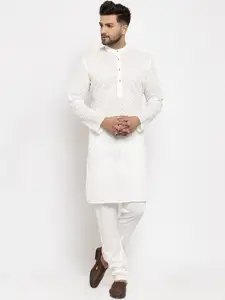 Jompers Men Cream-Coloured Embroidered Kurta with Churidar