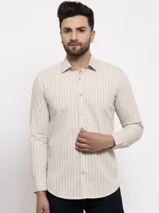 JAINISH Men Cream-Coloured Slim Fit Striped Casual Shirt