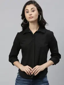 RAREISM Women Black Solid Shirt Style Pure Cotton Top