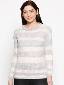 People Women Pink & Blue Striped Woollen Pullover Sweater