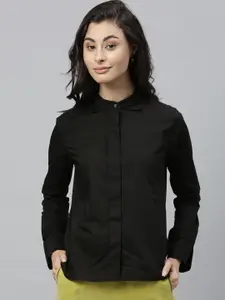 RAREISM Women Black Solid Shirt Style Pure Cotton Top