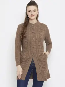 Zigo Women Brown Self Design Longline Sweater