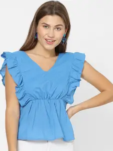 FOREVER 21 Women Blue Solid Cinched Waist Top