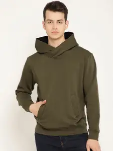 PUNK Men Olive Green Solid Hooded Sweatshirt