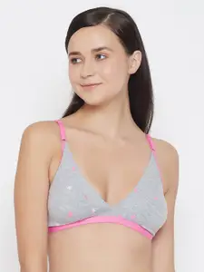 Clovia Grey & Pink Printed Non-Padded Non-Wired Plunge Bra BR1595I05