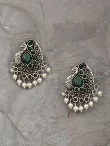 Priyaasi Silver-Toned & Green Contemporary Studs