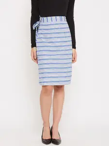 Ruhaans Women Blue & White Striped Wraparound Knee-Length Pure Cotton Skirt