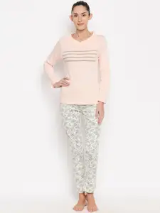 XIN Women Pink & White Floral-Print Night Suit