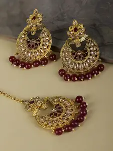 Priyaasi Gold-Plated & Maroon Kundan Stone-Studded Handcrafted Maang Tikka with Earrings