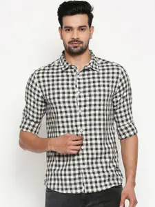 People Men Grey & Off-White Slim Fit Checked Cotton Casual Shirt