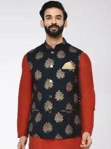 Vartah Men Black & Gold-Colour Printed Nehru Jacket
