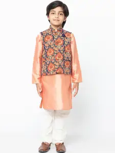 KISAH Boys Peach-Coloured & Off-White Printed Kurta with Pyjamas