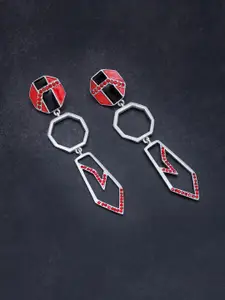Golden Peacock Silver-Toned & Red Contemporary Drop Earrings