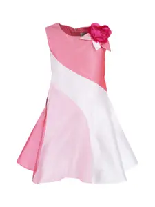 A Little Fable Girls Pink & White Colourblocked Fit and Flare Dress