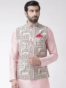 Vartah Men Off-White & Pink Floral Printed Nehru Jacket