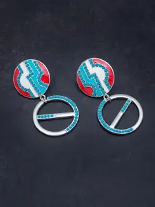 Golden Peacock Silver-Toned & Red Contemporary Drop Earrings