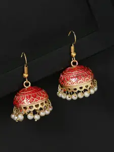 OOMPH Red & Pink Contemporary Gold Plated Handcrafted Meenakari Jhumkas