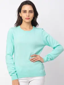 Globus Women Sea Green Solid Knitted Pullover