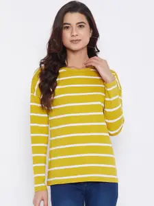 Hypernation Women Yellow Striped Round Neck Cotton Pure Cotton T-shirt