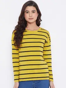 Hypernation Women Yellow Striped Round Neck T-shirt