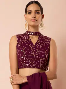INDYA Women Purple Embroidered Ethnic Choker Crop Top