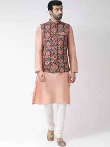 Vartah Men Peach-Coloured & White Solid Kurta Set with Nehru Jacket