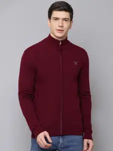 GANT Men Burgundy Solid Open-Front Sweater