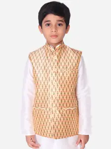 NAMASKAR Boys Peach-Coloured & Green Woven Design Silk Nehru Jacket
